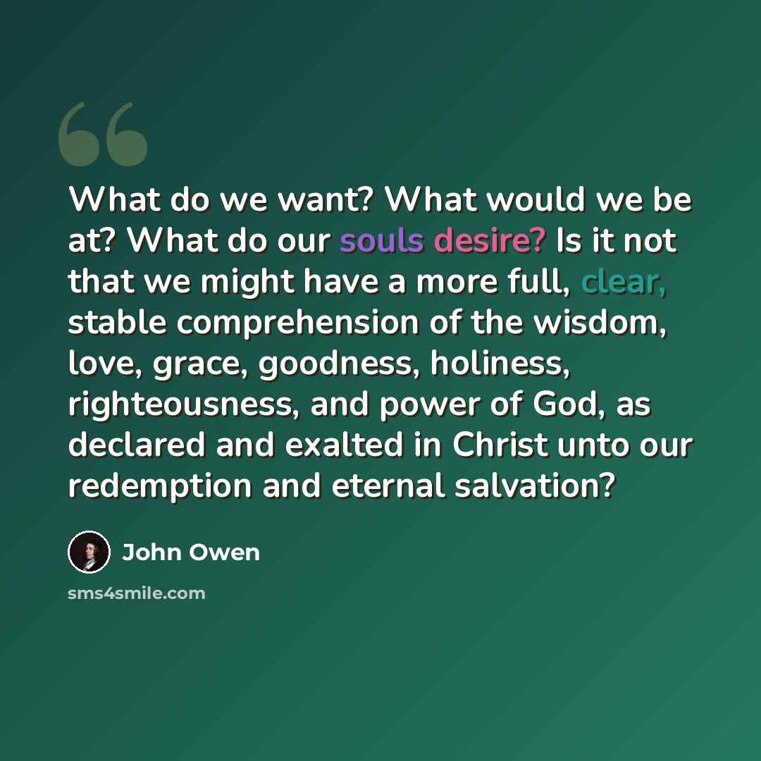 “What do we want? What would we be at? What do our souls desire? Is it not that we might have a more full, clear, stable comprehension of the wisdom, love, grace, goodness, holiness, righteousness, and power of God, as declared and exalted in Christ unto our redemption and eternal salvation?” quote by John Owen