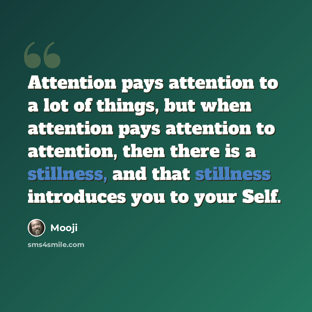 “Attention pays attention to a lot of things, but when attention pays attention to attention, then there is a stillness, and that stillness introduces you to your Self.” quote by Mooji