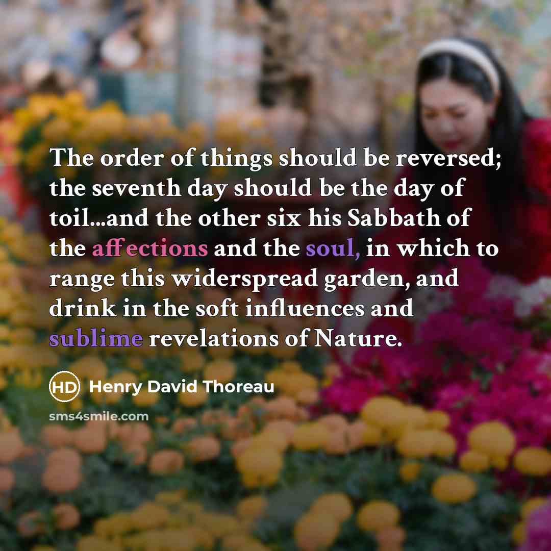 “The order of things should be reversed; the seventh day should be the day of toil...and the other six his Sabbath of the affections and the soul, in which to range this widerspread garden, and drink in the soft influences and sublime revelations of Nature.” quote by Henry David Thoreau