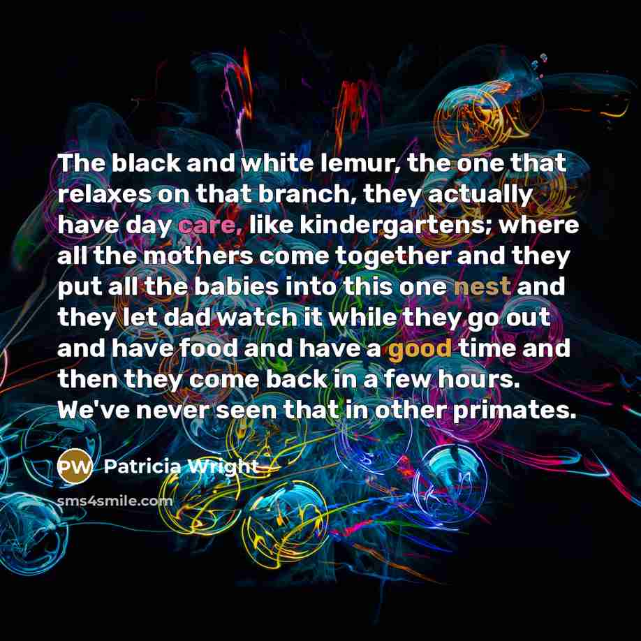 “The black and white lemur, the one that relaxes on that branch, they actually have day care, like kindergartens; where all the mothers come together and they put all the babies into this one nest and they let dad watch it while they go out and have food and have a good time and then they come back…” quote by Patricia Wright
