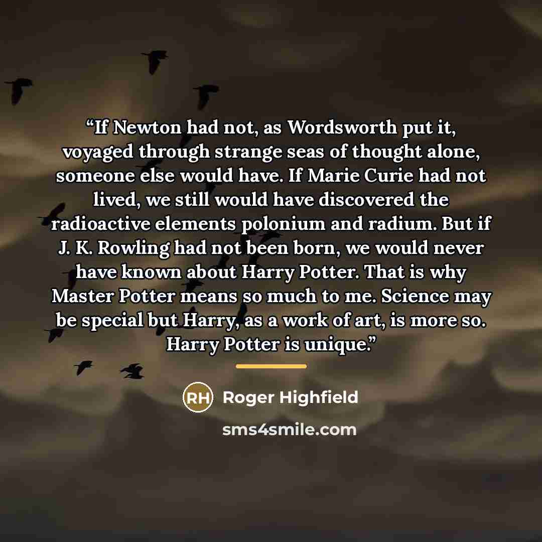 “If Newton had not, as Wordsworth put it, voyaged through strange seas of thought alone, someone else would have. If Marie Curie had not lived, we still would have discovered the radioactive elements polonium and radium. But if J. K. Rowling had not been born, we would never have known about Harry…” quote by Roger Highfield