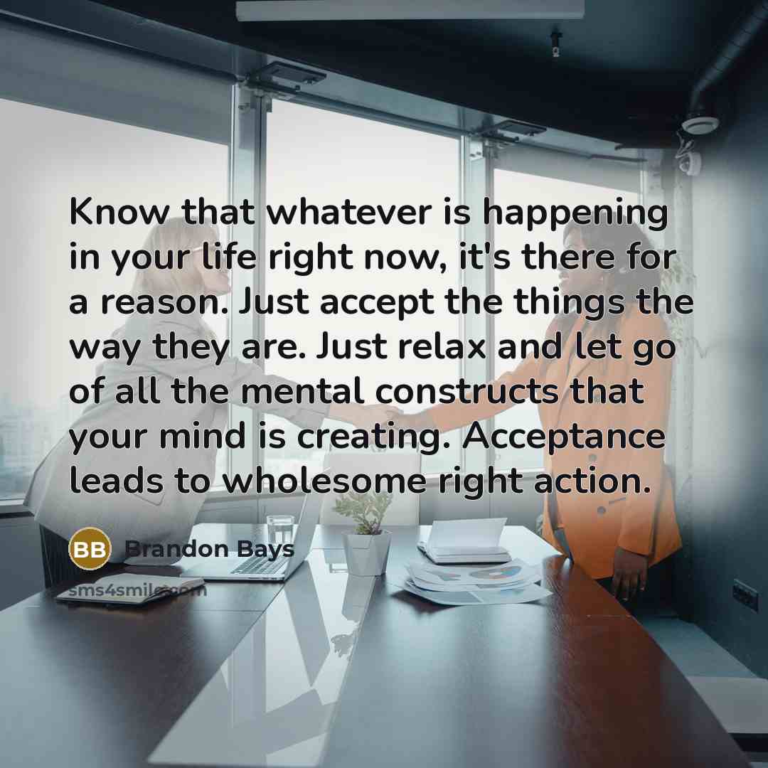“Know that whatever is happening in your life right now, it's there for a reason. Just accept the things the way they are. Just relax and let go of all the mental constructs that your mind is creating. Acceptance leads to wholesome right action.” quote by Brandon Bays
