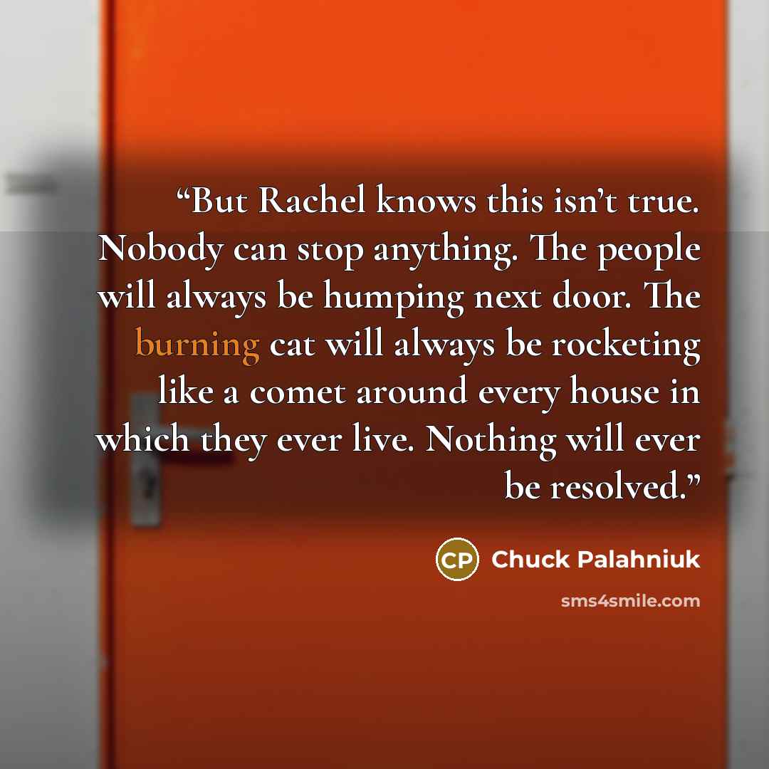 “But Rachel knows this isn’t true. Nobody can stop anything. The people will always be humping next door. The burning cat will always be rocketing like a comet around every house in which they ever live. Nothing will ever be resolved.” quote by Chuck Palahniuk