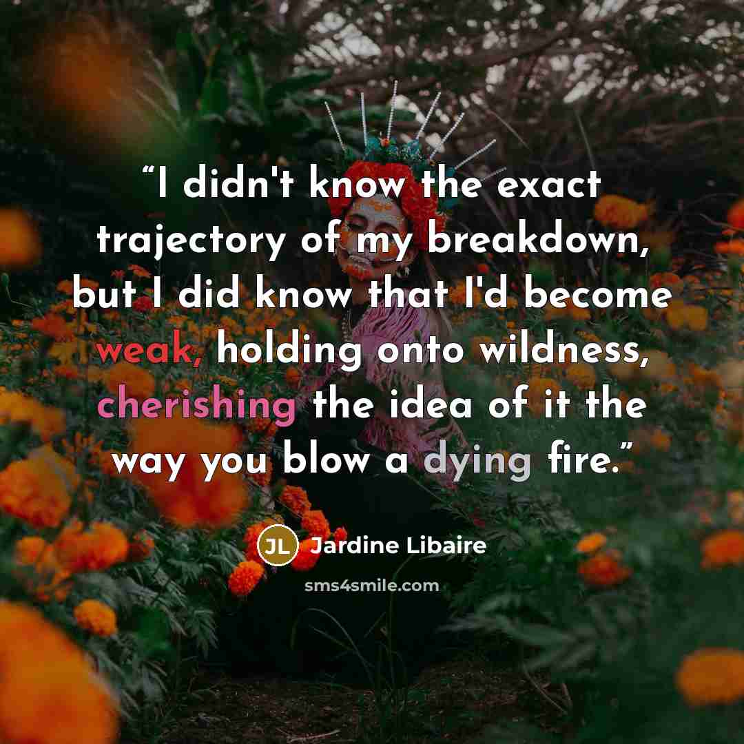 “I didn't know the exact trajectory of my breakdown, but I did know that I'd become weak, holding onto wildness, cherishing the idea of it the way you blow a dying fire.” quote by Jardine Libaire