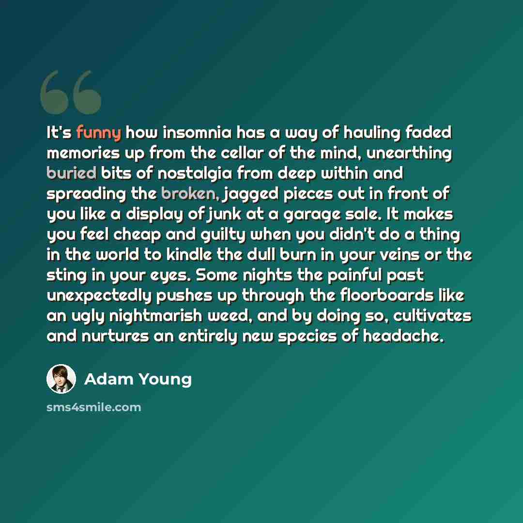 “It's funny how insomnia has a way of hauling faded memories up from the cellar of the mind, unearthing buried bits of nostalgia from deep within and spreading the broken, jagged pieces out in front of you like a display of junk at a garage sale. It makes you feel cheap and guilty when you didn't…” quote by Adam Young