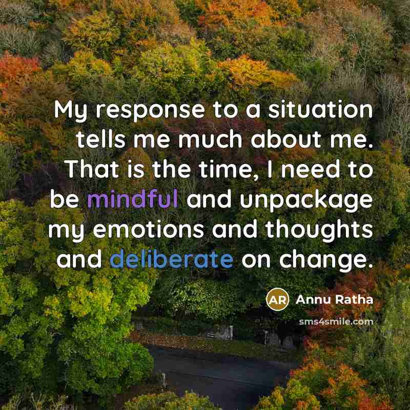 “My response to a situation tells me much about me. That is the time, I need to be mindful and unpackage my emotions and thoughts and deliberate on change.” quote by Annu Ratha