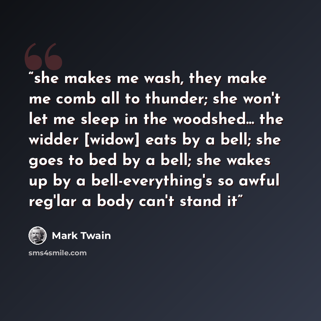 “she makes me wash, they make me comb all to thunder; she won't let me sleep in the woodshed... the widder [widow] eats by a bell; she goes to bed by a bell; she wakes up by a bell-everything's so awful reg'lar a body can't stand it” quote by Mark Twain