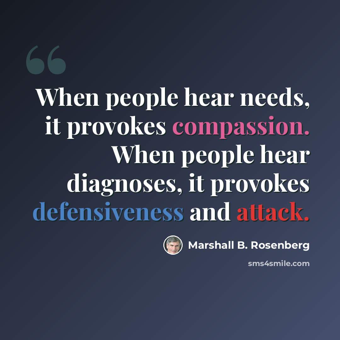 “When people hear needs, it provokes compassion. When people hear diagnoses, it provokes defensiveness and attack.” quote by Marshall B. Rosenberg