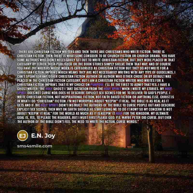 “There are Christian fiction writers and then there are Christians who write fiction. There is Christian fiction, then there is what some consider to be church fiction or church drama. You have some authors who didn’t necessarily set out to write Christian fiction, but they were placed in that…” quote by E.N. Joy