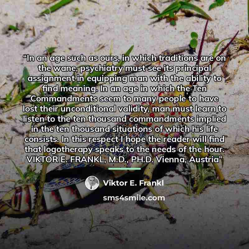 “In an age such as ours, in which traditions are on the wane, psychiatry must see its principal assignment in equipping man with the ability to find meaning. In an age in which the Ten Commandments seem to many people to have lost their unconditional validity, man must learn to listen to the ten…” quote by Viktor E. Frankl
