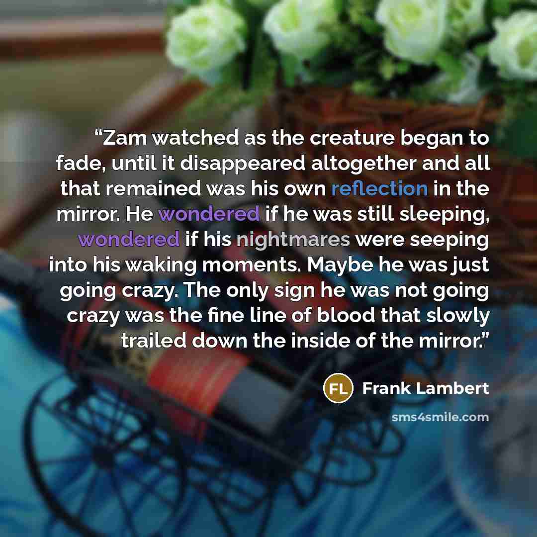 “Zam watched as the creature began to fade, until it disappeared altogether and all that remained was his own reflection in the mirror. He wondered if he was still sleeping, wondered if his nightmares were seeping into his waking moments. Maybe he was just going crazy. The only sign he was not…” quote by Frank Lambert