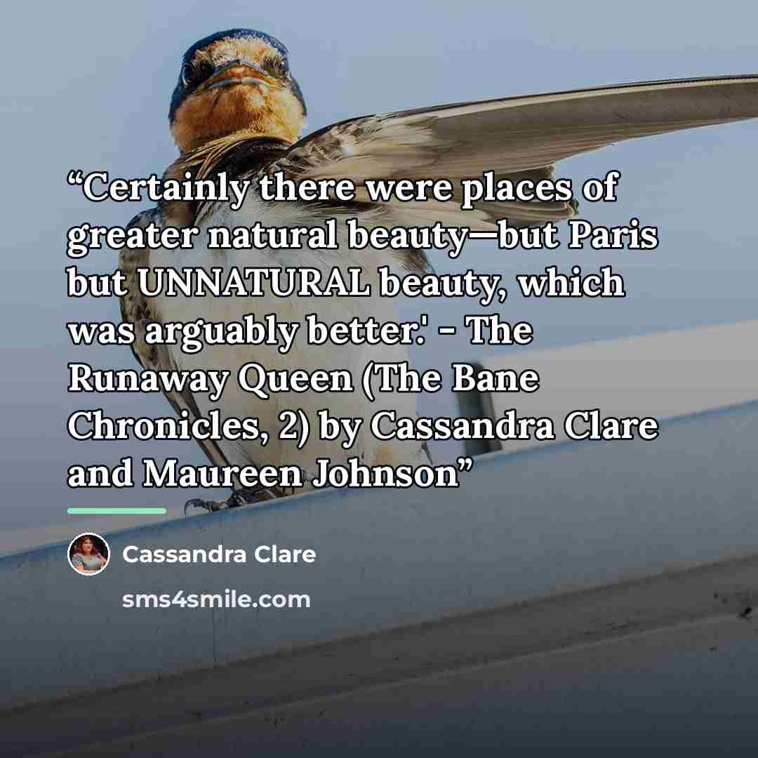 “Certainly there were places of greater natural beauty—but Paris but UNNATURAL beauty, which was arguably better.' - The Runaway Queen (The Bane Chronicles, 2) by Cassandra Clare and Maureen Johnson” quote by Cassandra Clare