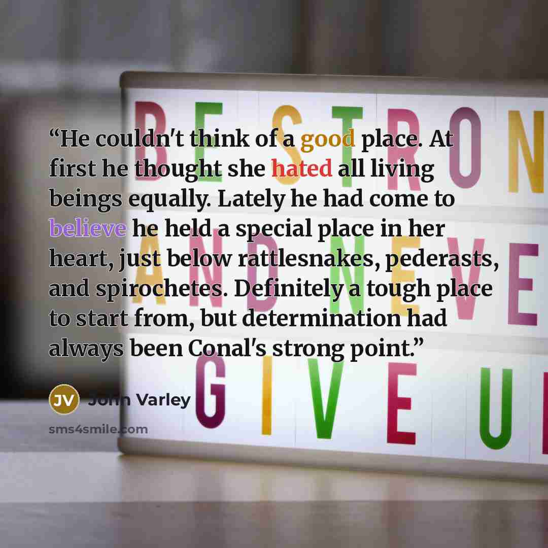 “He couldn't think of a good place. At first he thought she hated all living beings equally. Lately he had come to believe he held a special place in her heart, just below rattlesnakes, pederasts, and spirochetes. Definitely a tough place to start from, but determination had always been Conal's…” quote by John Varley
