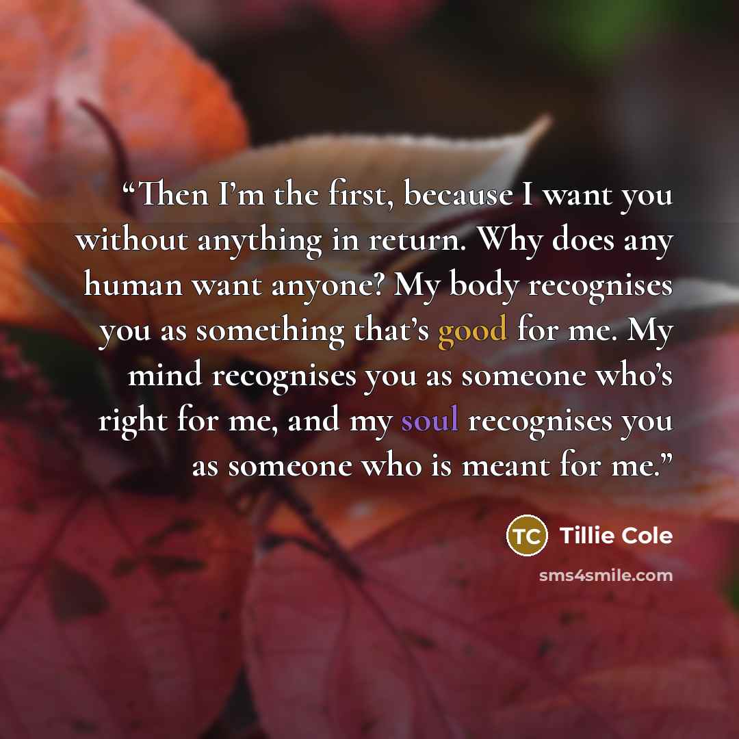 “Then I’m the first, because I want you without anything in return. Why does any human want anyone? My body recognises you as something that’s good for me. My mind recognises you as someone who’s right for me, and my soul recognises you as someone who is meant for me.” quote by Tillie Cole