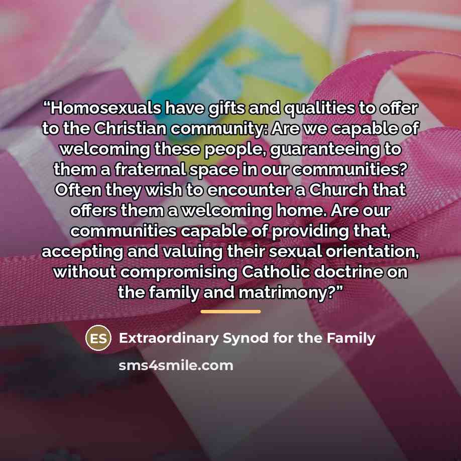 “Homosexuals have gifts and qualities to offer to the Christian community: Are we capable of welcoming these people, guaranteeing to them a fraternal space in our communities? Often they wish to encounter a Church that offers them a welcoming home. Are our communities capable of providing that…” quote by Extraordinary Synod for the Family