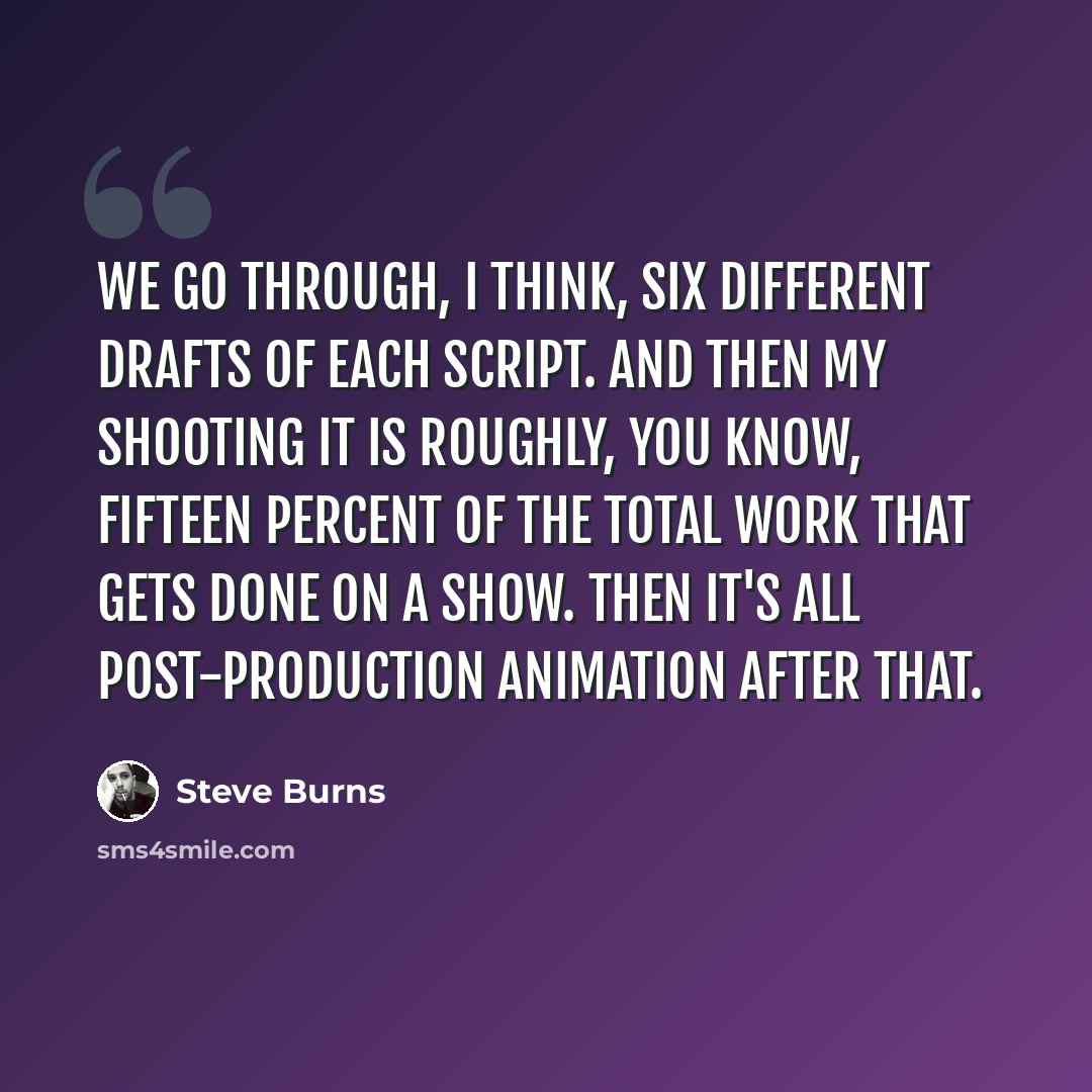 “We go through, I think, six different drafts of each script. And then my shooting it is roughly, you know, fifteen percent of the total work that gets done on a show. Then it's all post-production animation after that.” quote by Steve Burns