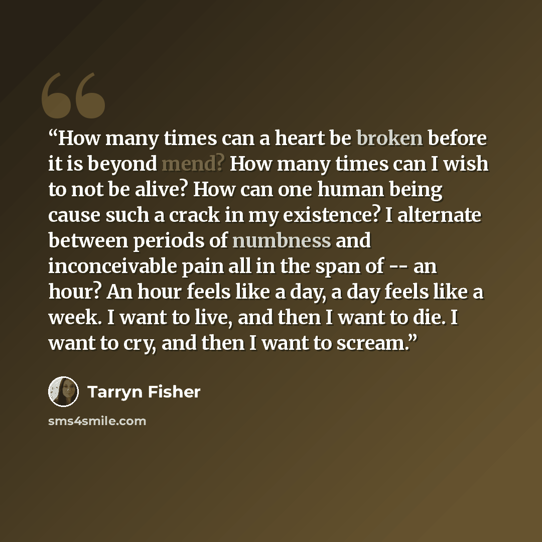 “How many times can a heart be broken before it is beyond mend? How many times can I wish to not be alive? How can one human being cause such a crack in my existence? I alternate between periods of numbness and inconceivable pain all in the span of -- an hour? An hour feels like a day, a day feels…” quote by Tarryn Fisher