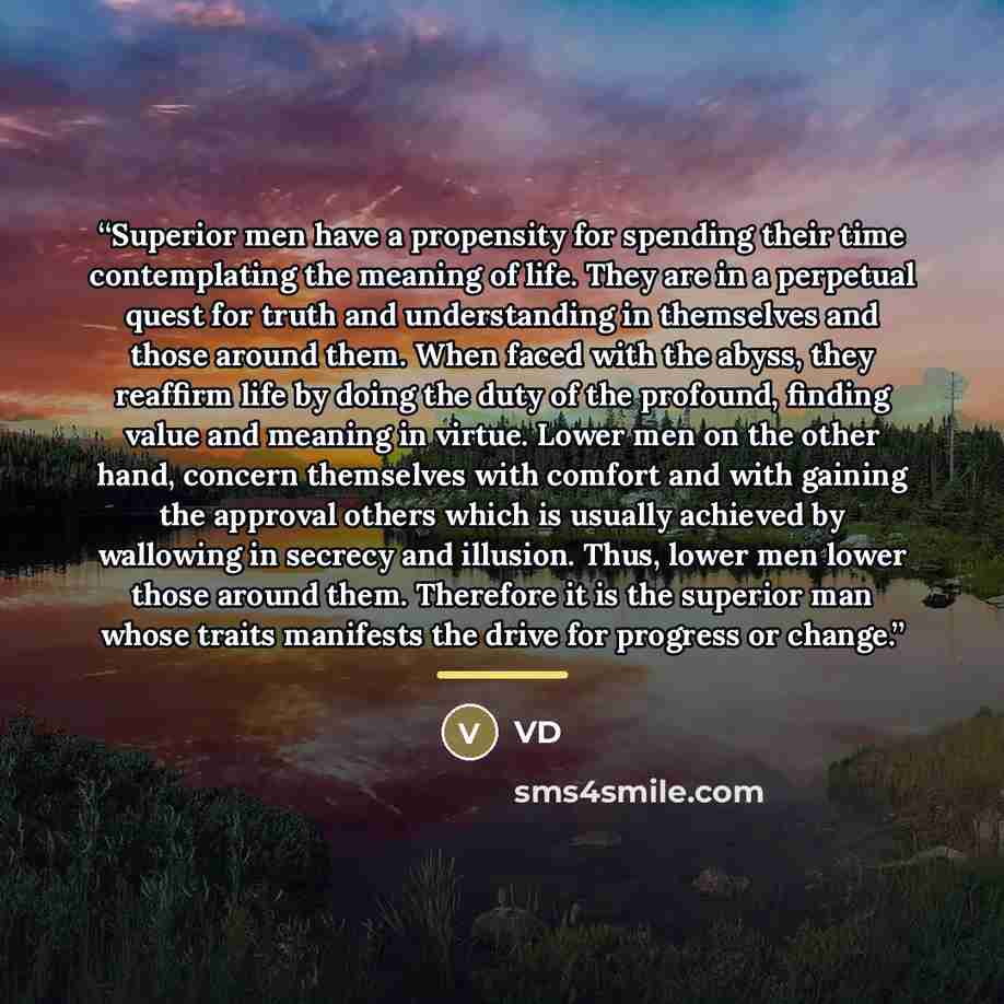 “Superior men have a propensity for spending their time contemplating the meaning of life. They are in a perpetual quest for truth and understanding in themselves and those around them. When faced with the abyss, they reaffirm life by doing the duty of the profound, finding value and meaning in…” quote by VD