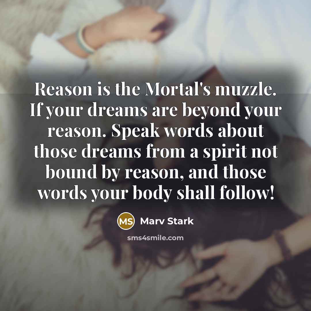“Reason is the Mortal's muzzle. If your dreams are beyond your reason. Speak words about those dreams from a spirit not bound by reason, and those words your body shall follow!” quote by Marv Stark
