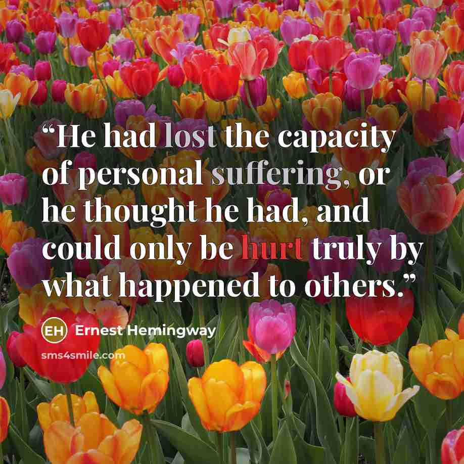 “He had lost the capacity of personal suffering, or he thought he had, and could only be hurt truly by what happened to others.” quote by Ernest Hemingway