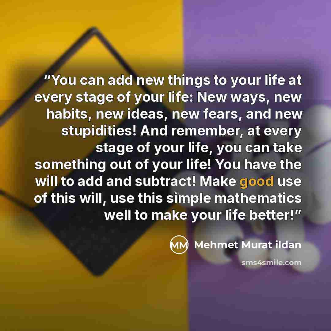 “You can add new things to your life at every stage of your life: New ways, new habits, new ideas, new fears, and new stupidities! And remember, at every stage of your life, you can take something out of your life! You have the will to add and subtract! Make good use of this will, use this simple…” quote by Mehmet Murat ildan