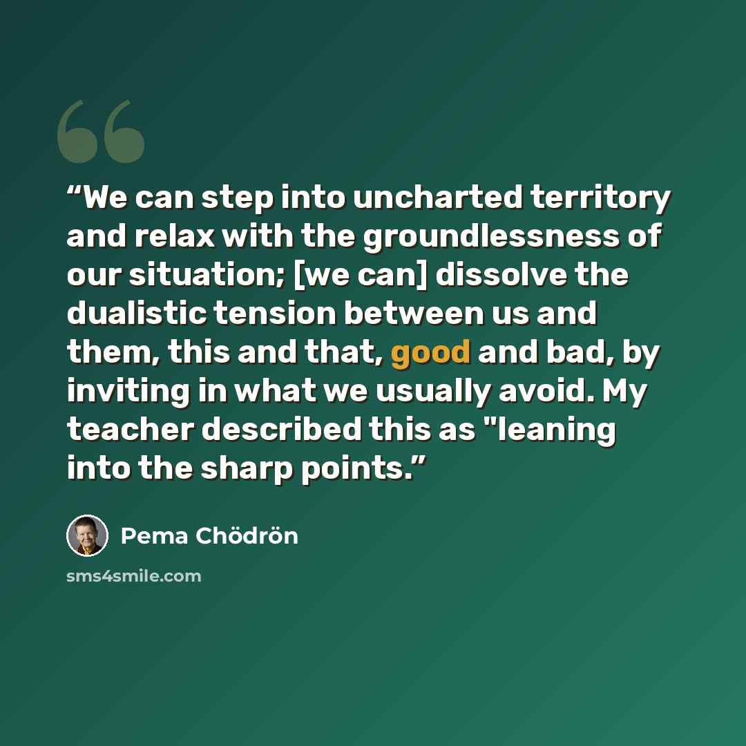 “We can step into uncharted territory and relax with the groundlessness of our situation; [we can] dissolve the dualistic tension between us and them, this and that, good and bad, by inviting in what we usually avoid. My teacher described this as "leaning into the sharp points.” quote by Pema Chödrön