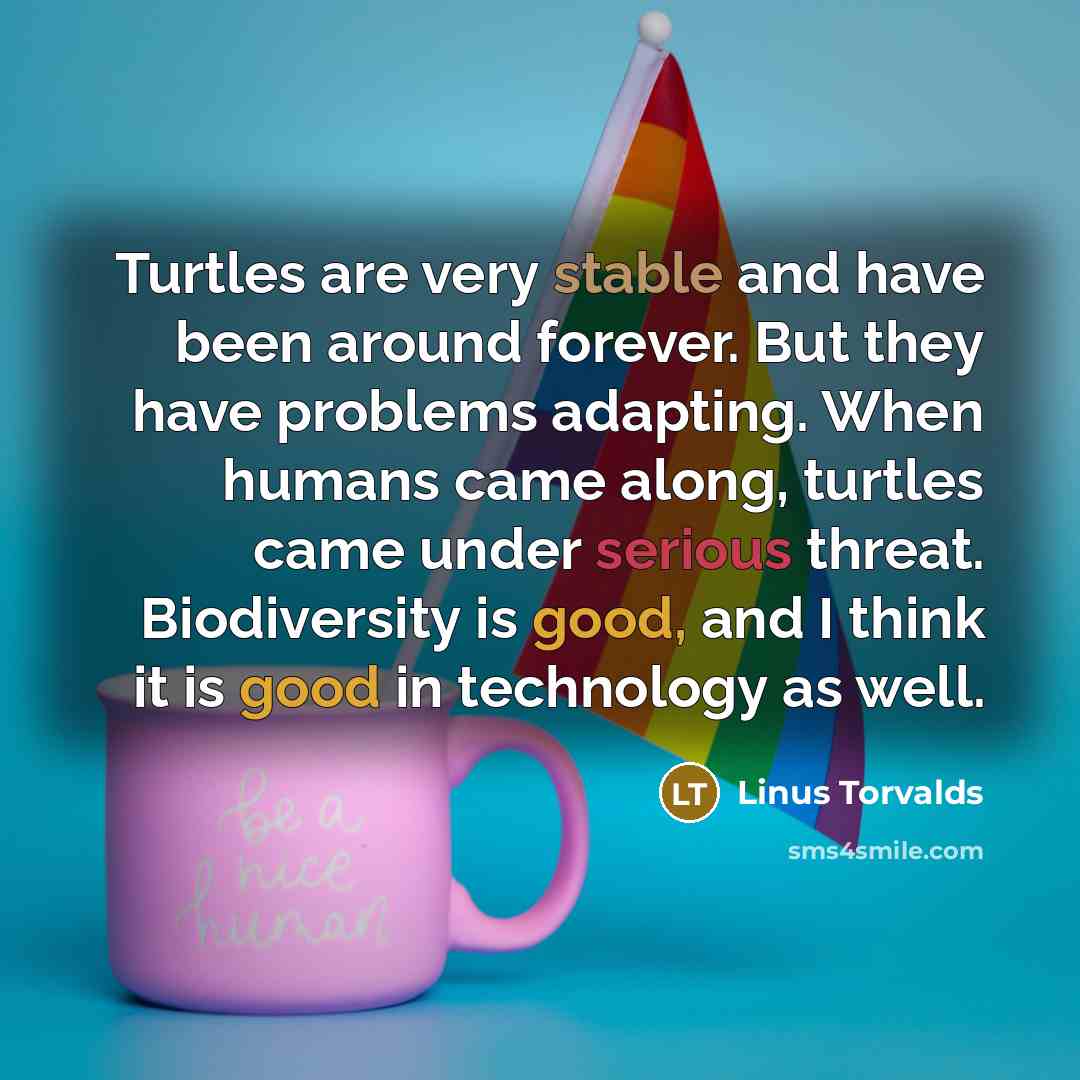 “Turtles are very stable and have been around forever. But they have problems adapting. When humans came along, turtles came under serious threat. Biodiversity is good, and I think it is good in technology as well.” quote by Linus Torvalds