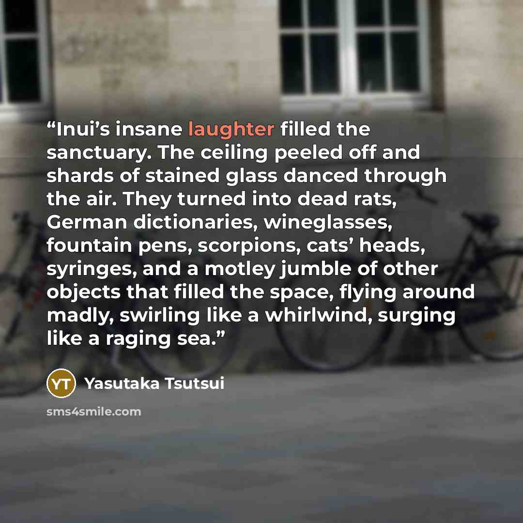 “Inui’s insane laughter filled the sanctuary. The ceiling peeled off and shards of stained glass danced through the air. They turned into dead rats, German dictionaries, wineglasses, fountain pens, scorpions, cats’ heads, syringes, and a motley jumble of other objects that filled the space, flying…” quote by Yasutaka Tsutsui