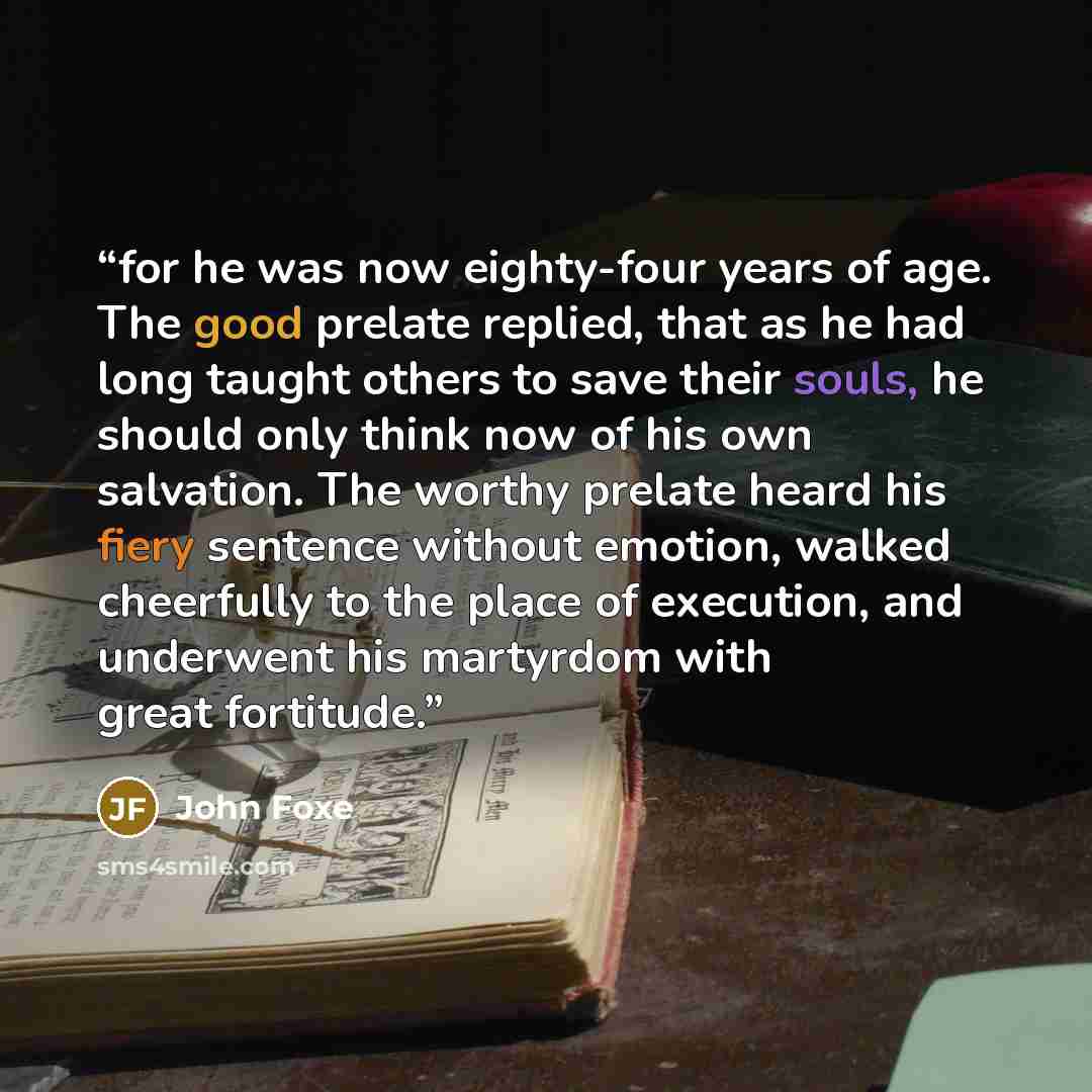 “for he was now eighty-four years of age. The good prelate replied, that as he had long taught others to save their souls, he should only think now of his own salvation. The worthy prelate heard his fiery sentence without emotion, walked cheerfully to the place of execution, and underwent his…” quote by John Foxe