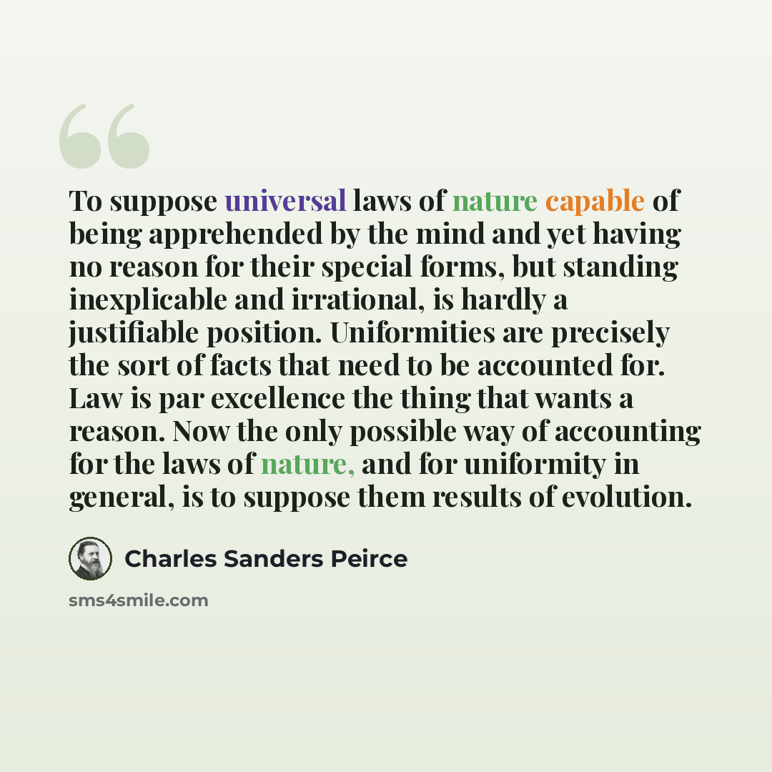 “To suppose universal laws of nature capable of being apprehended by the mind and yet having no reason for their special forms, but standing inexplicable and irrational, is hardly a justifiable position. Uniformities are precisely the sort of facts that need to be accounted for. Law is par…” quote by Charles Sanders Peirce