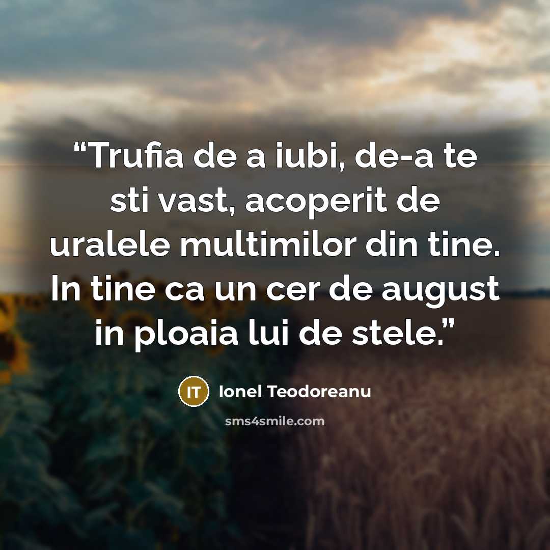 “Trufia de a iubi, de-a te sti vast, acoperit de uralele multimilor din tine. In tine ca un cer de august in ploaia lui de stele.” quote by Ionel Teodoreanu