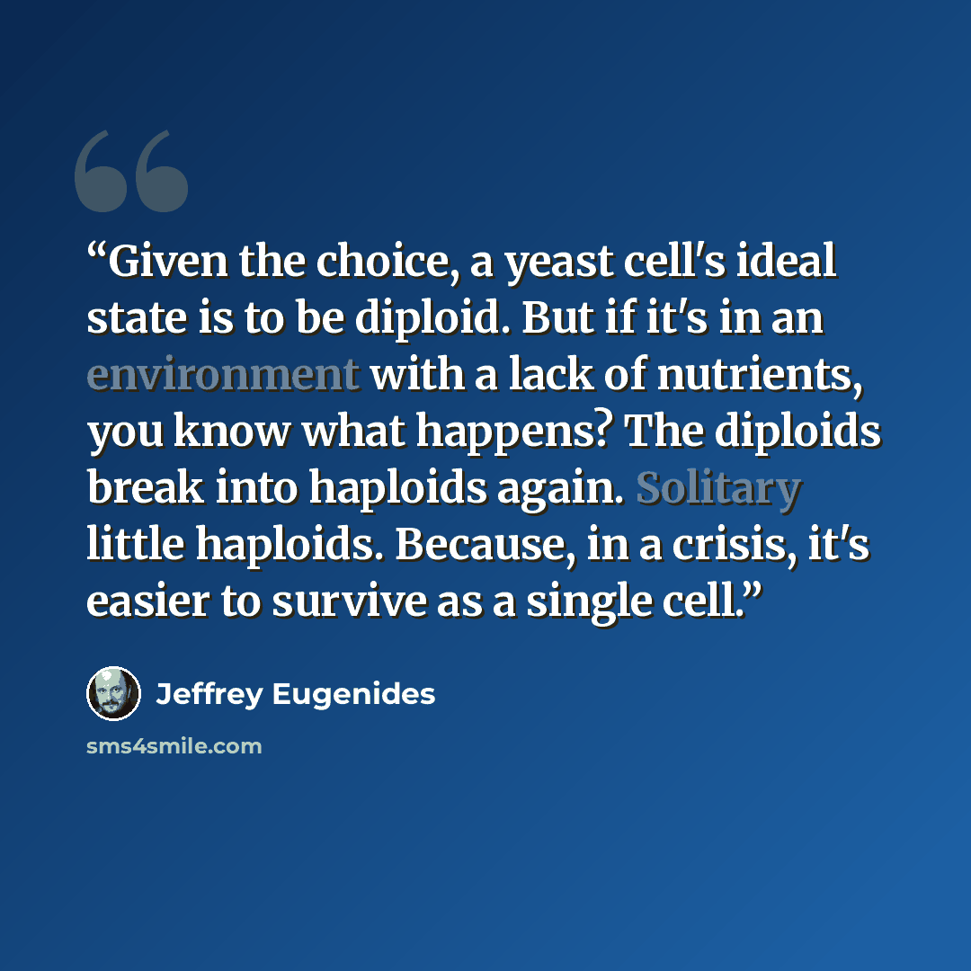 “Given the choice, a yeast cell's ideal state is to be diploid. But if it's in an environment with a lack of nutrients, you know what happens? The diploids break into haploids again. Solitary little haploids. Because, in a crisis, it's easier to survive as a single cell.” quote by Jeffrey Eugenides