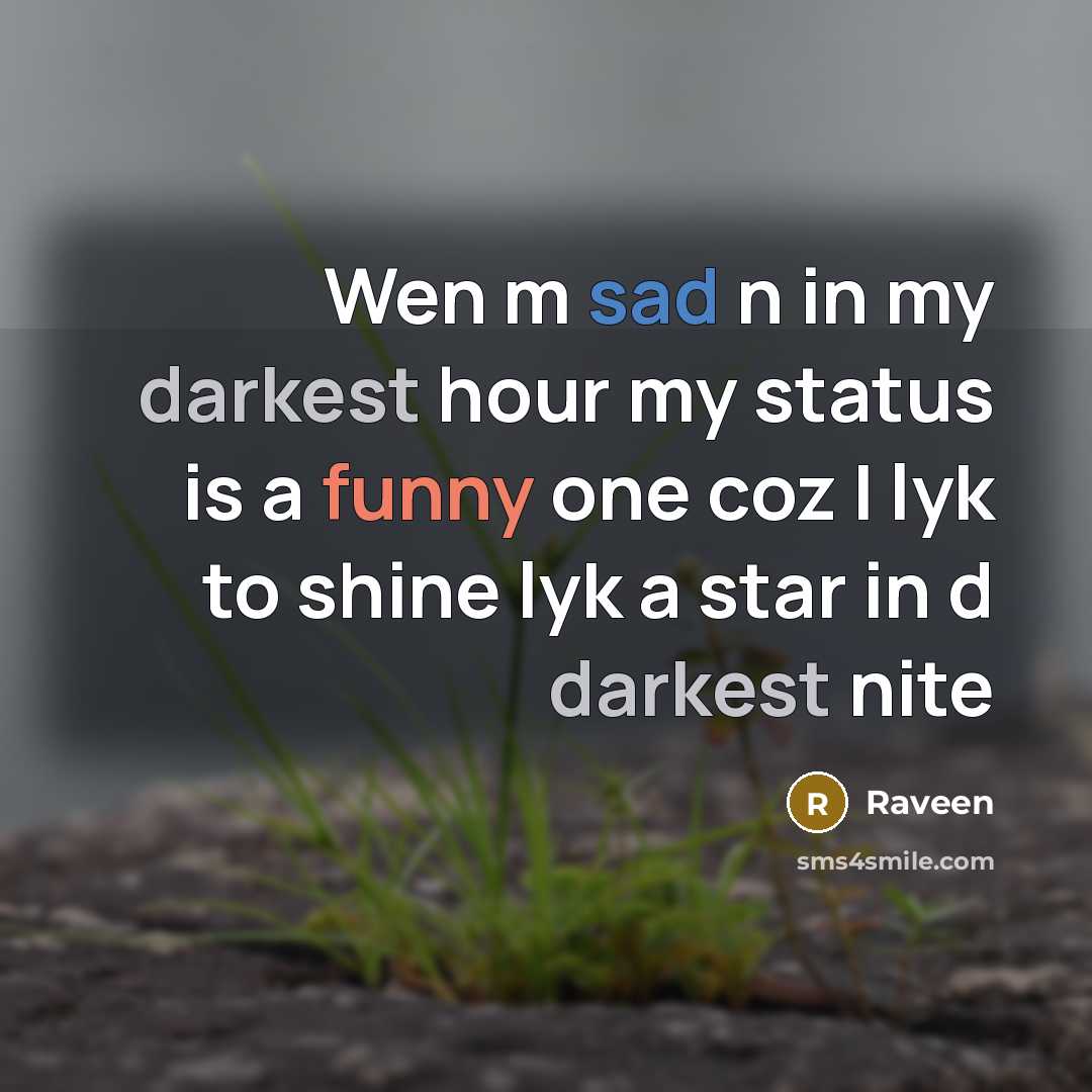 “Wen m sad n in my darkest hour my status is a funny one coz I lyk to shine lyk a star in d darkest nite” quote by Raveen