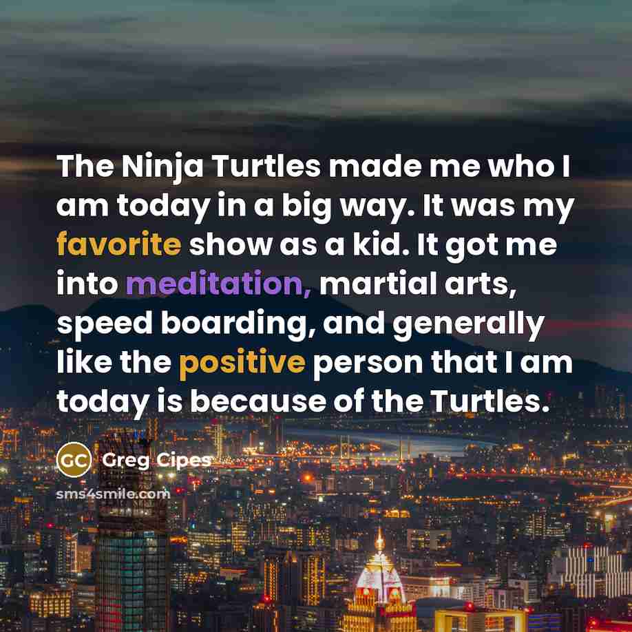 “The Ninja Turtles made me who I am today in a big way. It was my favorite show as a kid. It got me into meditation, martial arts, speed boarding, and generally like the positive person that I am today is because of the Turtles.” quote by Greg Cipes