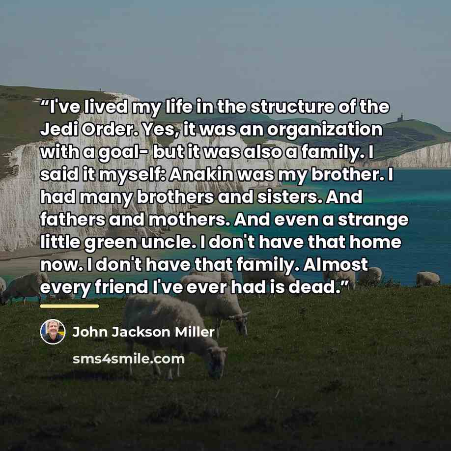 “I've lived my life in the structure of the Jedi Order. Yes, it was an organization with a goal- but it was also a family. I said it myself: Anakin was my brother. I had many brothers and sisters. And fathers and mothers. And even a strange little green uncle. I don't have that home now. I don't…” quote by John Jackson Miller