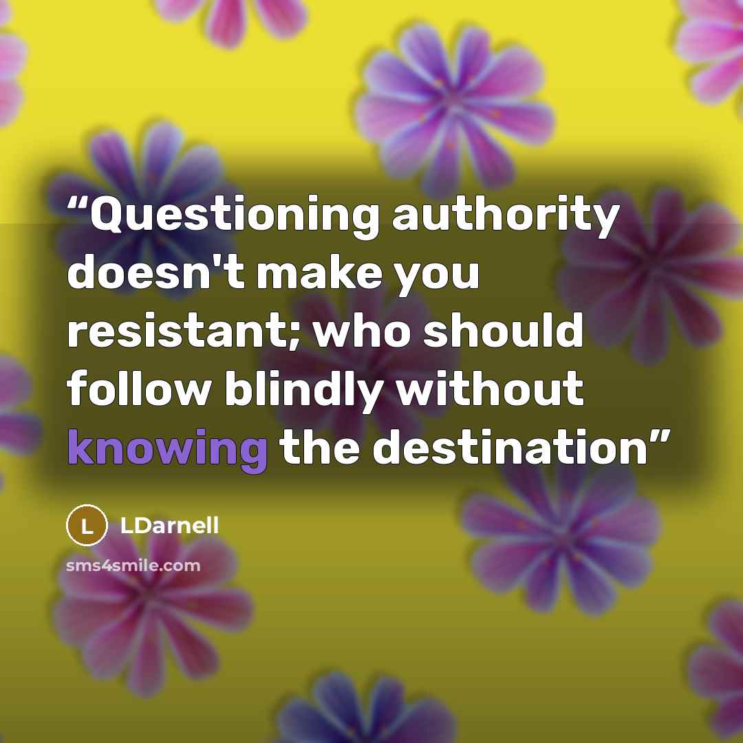 “Questioning authority doesn't make you resistant; who should follow blindly without knowing the destination” quote by LDarnell