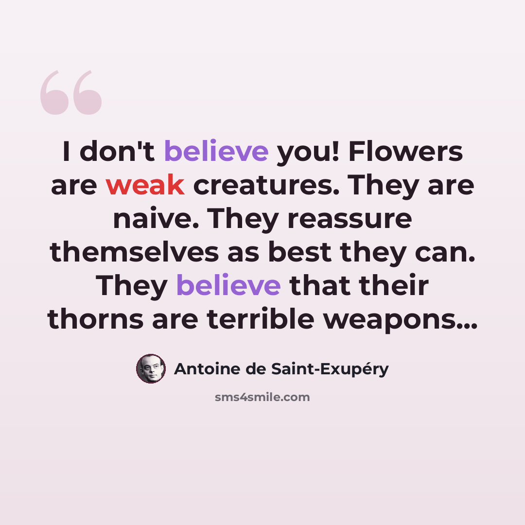 “I don't believe you! Flowers are weak creatures. They are naive. They reassure themselves as best they can. They believe that their thorns are terrible weapons...” quote by Antoine de Saint-Exupery