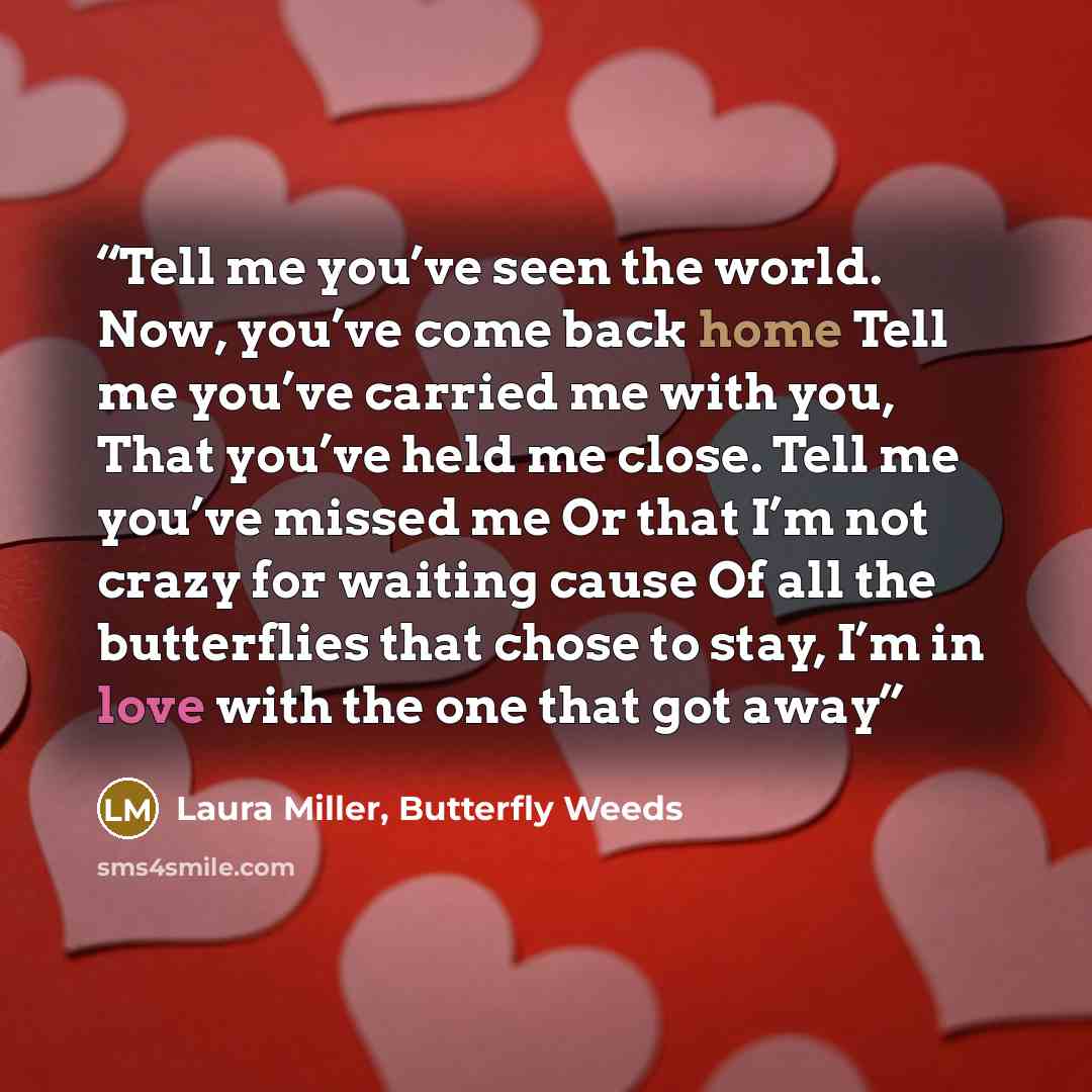 “Tell me you’ve seen the world. Now, you’ve come back home Tell me you’ve carried me with you, That you’ve held me close. Tell me you’ve missed me Or that I’m not crazy for waiting cause Of all the butterflies that chose to stay, I’m in love with the one that got away” quote by Laura Miller, Butterfly Weeds