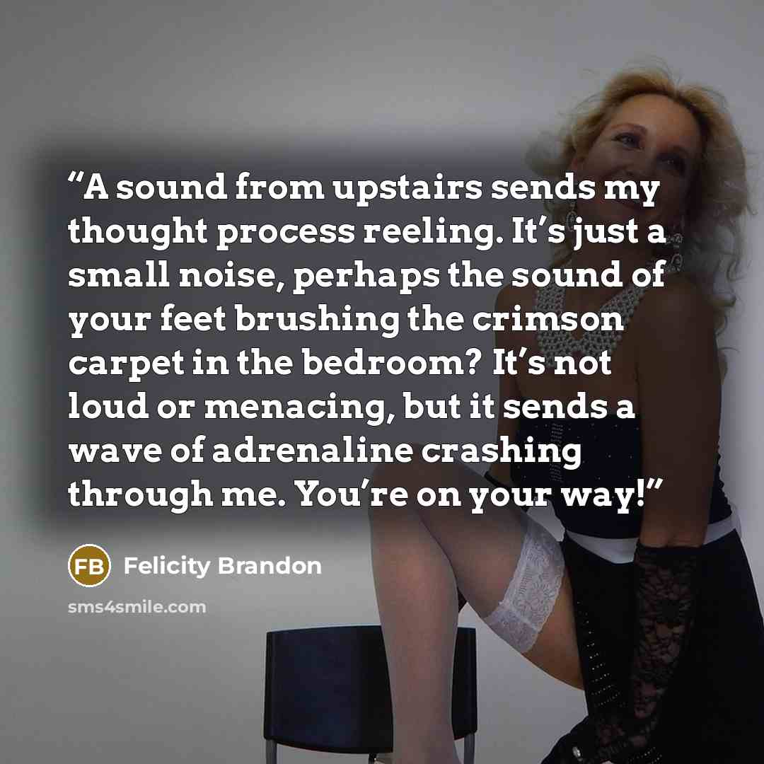 “A sound from upstairs sends my thought process reeling. It’s just a small noise, perhaps the sound of your feet brushing the crimson carpet in the bedroom? It’s not loud or menacing, but it sends a wave of adrenaline crashing through me. You’re on your way!” quote by Felicity Brandon