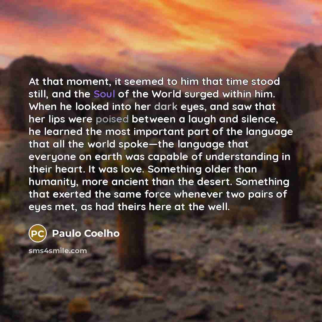 “At that moment, it seemed to him that time stood still, and the Soul of the World surged within him. When he looked into her dark eyes, and saw that her lips were poised between a laugh and silence, he learned the most important part of the language that all the world spoke—the language that…” quote by Paulo Coelho