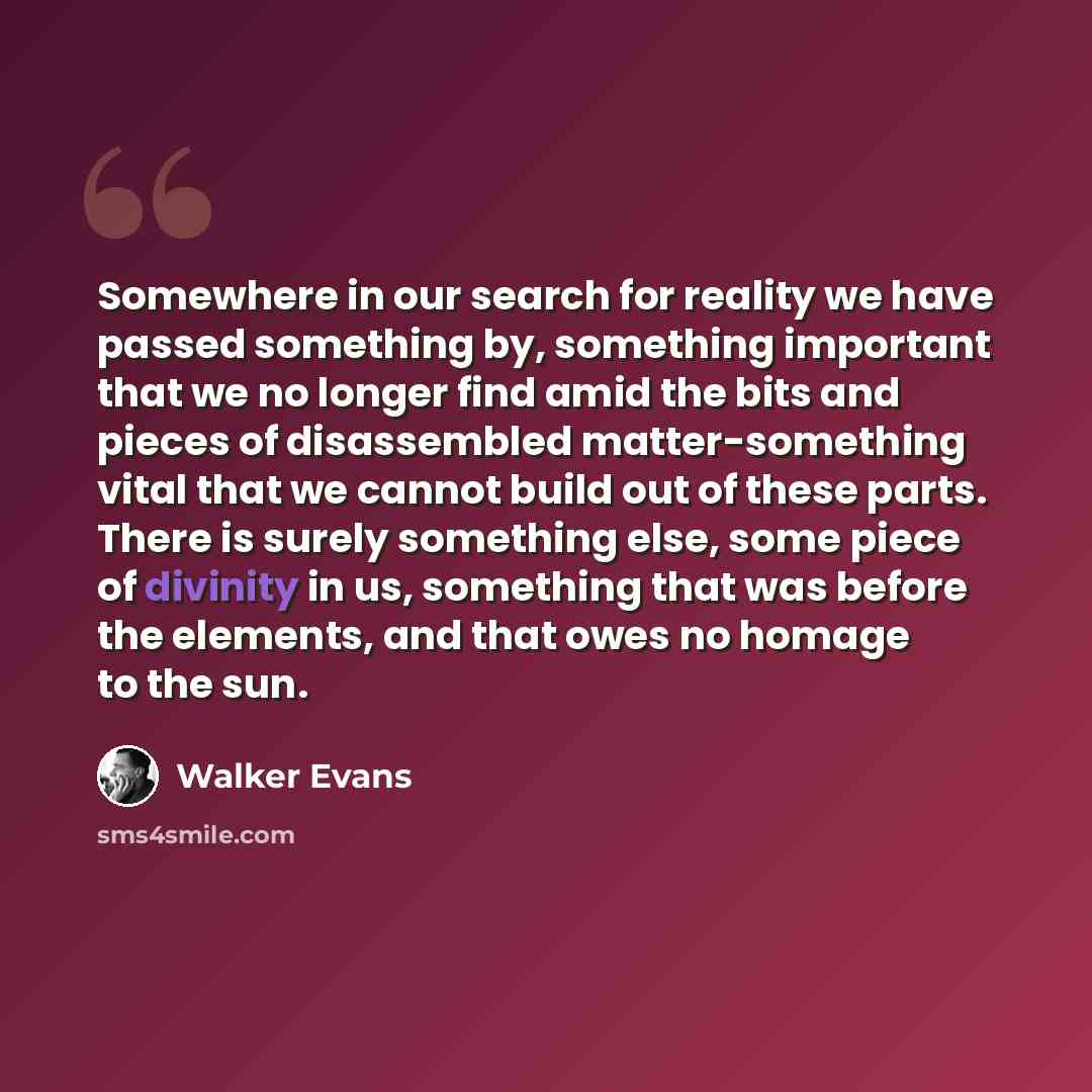 “Somewhere in our search for reality we have passed something by, something important that we no longer find amid the bits and pieces of disassembled matter-something vital that we cannot build out of these parts. There is surely something else, some piece of divinity in us, something that was…” quote by Walker Evans