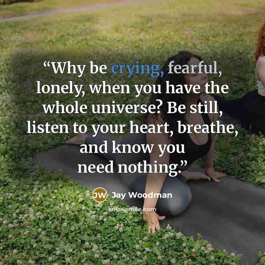 “Why be crying, fearful, lonely, when you have the whole universe? Be still, listen to your heart, breathe, and know you need nothing.” quote by Jay Woodman
