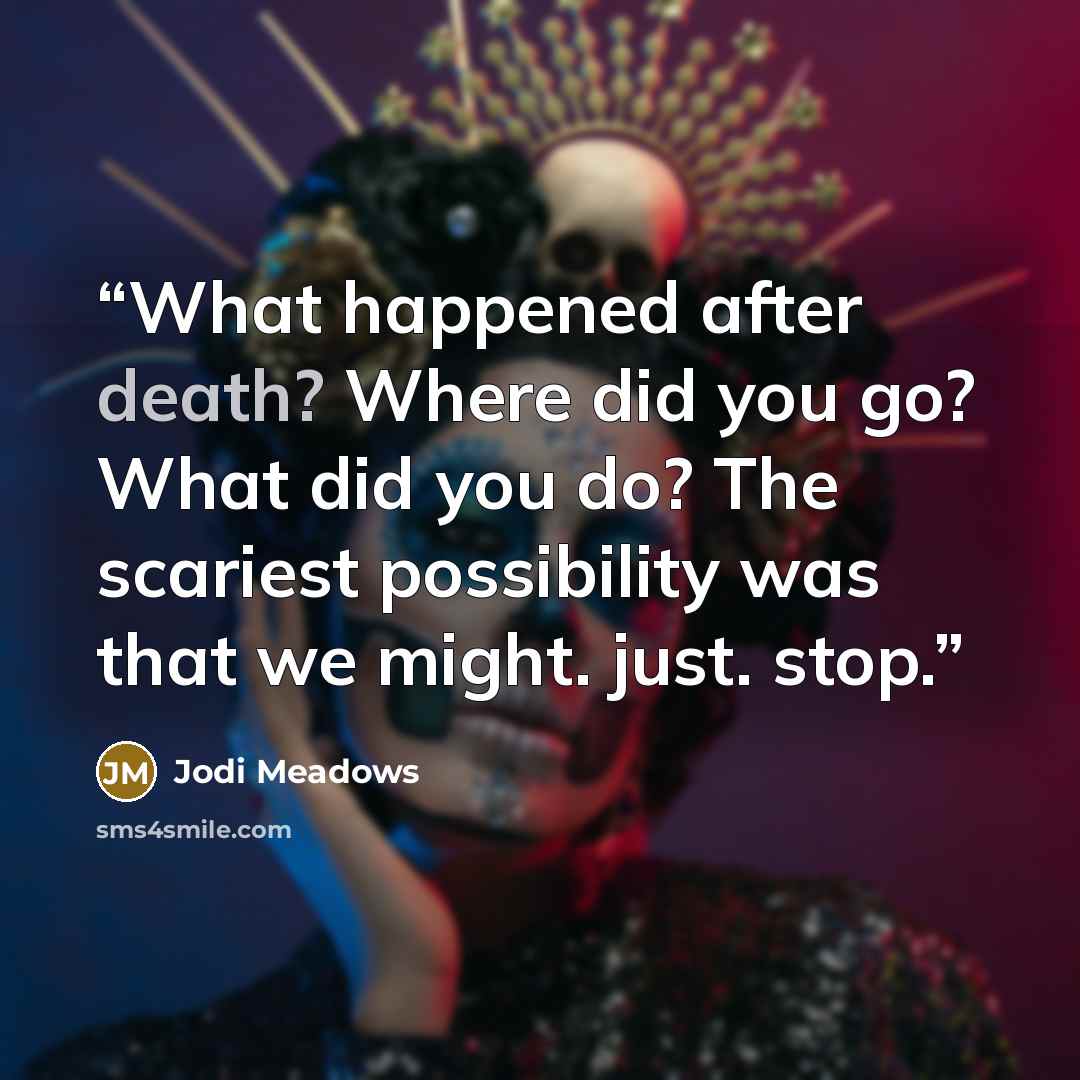 “What happened after death? Where did you go? What did you do? The scariest possibility was that we might. just. stop.” quote by Jodi Meadows