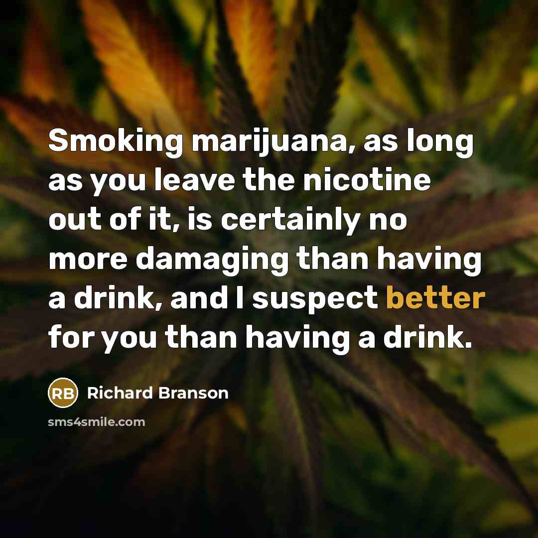 “Smoking marijuana, as long as you leave the nicotine out of it, is certainly no more damaging than having a drink, and I suspect better for you than having a drink.” quote by Richard Branson