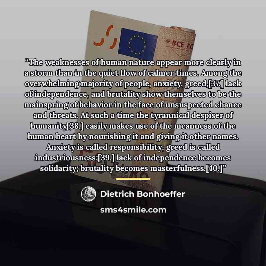 “The weaknesses of human nature appear more clearly in a storm than in the quiet flow of calmer times. Among the overwhelming majority of people, anxiety, greed,[37.] lack of independence, and brutality show themselves to be the mainspring of behavior in the face of unsuspected chance and threats…” quote by Dietrich Bonhoeffer