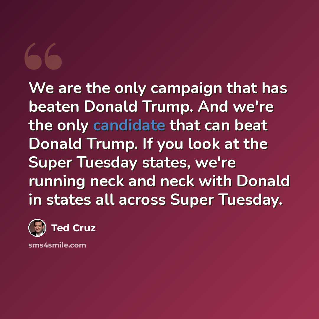 “We are the only campaign that has beaten Donald Trump. And we're the only candidate that can beat Donald Trump. If you look at the Super Tuesday states, we're running neck and neck with Donald in states all across Super Tuesday.” quote by Ted Cruz