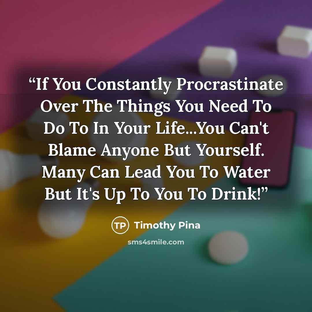 “If You Constantly Procrastinate Over The Things You Need To Do To In Your Life...You Can't Blame Anyone But Yourself. Many Can Lead You To Water But It's Up To You To Drink!” quote by Timothy Pina
