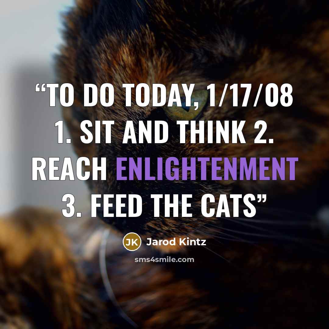 “To Do Today, 1/17/08 1. Sit and think 2. Reach enlightenment 3. Feed the cats” quote by Jarod Kintz