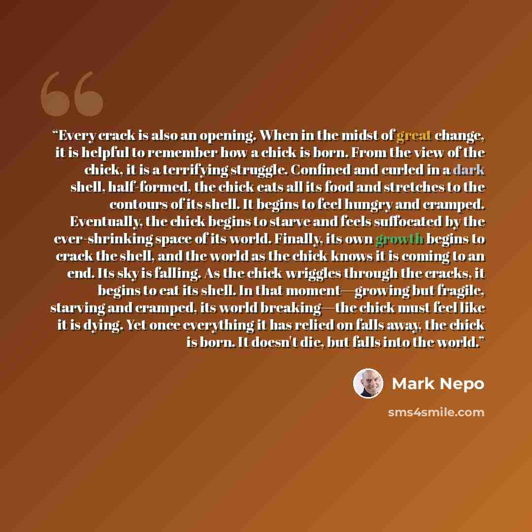 “Every crack is also an opening. When in the midst of great change, it is helpful to remember how a chick is born. From the view of the chick, it is a terrifying struggle. Confined and curled in a dark shell, half-formed, the chick eats all its food and stretches to the contours of its shell. It…” quote by Mark Nepo
