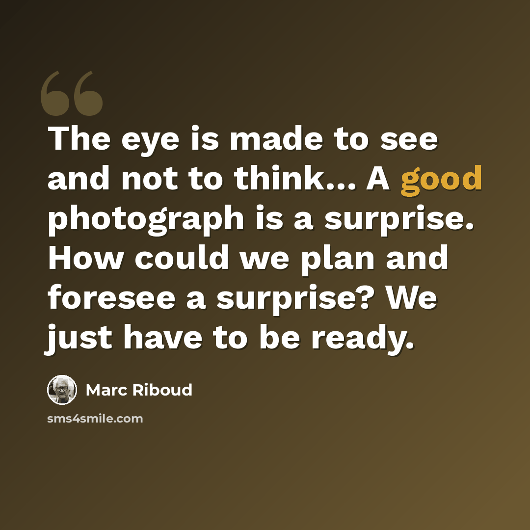 “The eye is made to see and not to think… A good photograph is a surprise. How could we plan and foresee a surprise? We just have to be ready.” quote by Marc Riboud